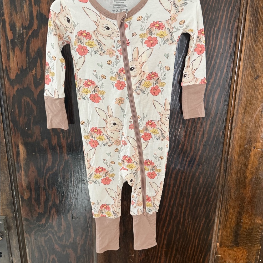 Little Sleepies Cream Bunny Floral Footed One-Piece with Pink Flowers